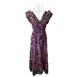 House Of Harlow 1960 Tiered Maxi Dress Tie Back Flutter Sleeve Purple Magenta XS